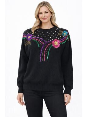 In Charge Vintage Sequin Beaded Flower Black Sweater Pullover. Womens Size Med